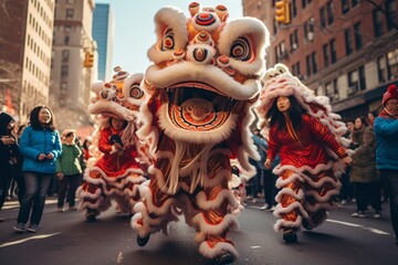 Chinese New Year parade with dragon and lion dancers, traditional performers, and joyful spectators lining the streets.