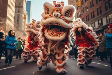 Papier Peint photo Lavable Carnaval Chinese New Year parade with dragon and lion dancers, traditional performers, and joyful spectators lining the streets.