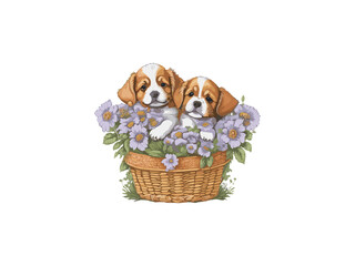 Watercolor cute baby dog inside wooden basket decorated with flowers vector illustration clipart

