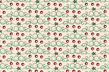 Christmas flourishes swirls holly leaves Seamless Pattern, winter vibes berry leaf modern Christmas pattern, holiday green ornate Christmas pattern, wrapping paper holiday holly printing fabric 