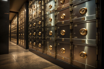 Rows of safety deposit boxes are securely stored inside a fortified bank vault, protected by a large metal door.
