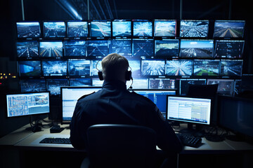 A security guard intently watches multiple surveillance camera feeds on a bank of monitors, ensuring the safety of a building.