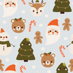 Cute Christmas seamless pattern with fabulous Santa, bear and deer. Charming festive characters in the doodle style. Funny baby design for congratulations. Ideal for packaging, textiles, fabric.