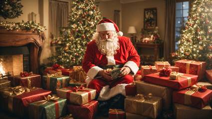Obraz na płótnie Canvas Festive celebration with Santa Claus placing the gift boxes and tree decoration.