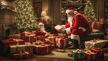 Obraz na płótnie Canvas Festive celebration with Santa Claus placing the gift boxes and tree decoration.