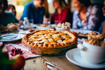 Traditional apple pie  for Thanksgiving family dinner. blurred happy people around the table...