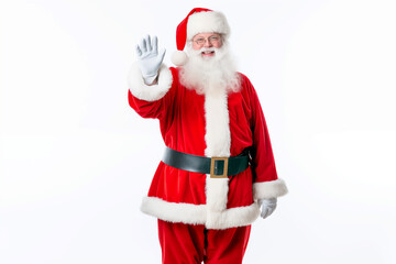 Santa Claus isolated on white on total white background smiling and greeting with his right hand. 