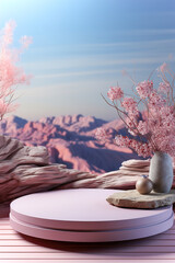 Pink product display podium for natural product. Circular shape base on a wooden stand on blue background.