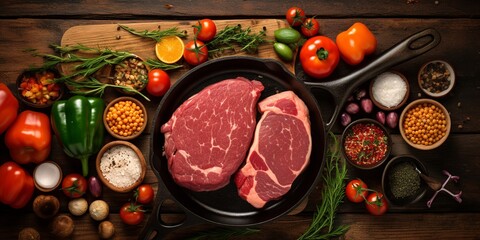 An assortment of raw meats and freshly chopped vegetables laid out with a robust cast iron skillet, setting the stage for a hearty and flavorful meal preparation.