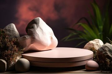 Stone product display podium for natural product. Circular shape base. Plants and pink flowers.