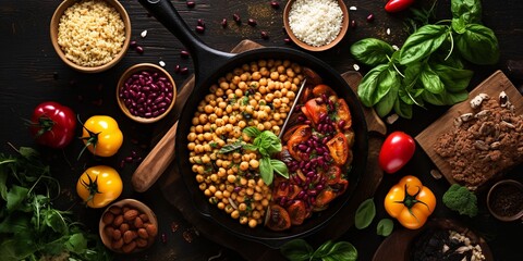 A flat lay display featuring a variety of organic grains and legumes surrounding a well-used cast iron skillet, capturing the essence of vegan feast preparation.