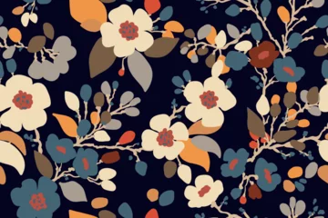 Fototapeten Colorful seamless pattern with stylized flowers. Simple floral style, climbing plants background. French, Italian textiles, paper, wallpaper, cover, rug, web, phone © sunny_lion
