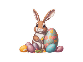 Fototapeta na wymiar Watercolor Easter Bunny with Basket Egg 