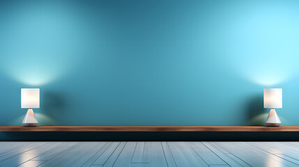 Universal minimalistic blue background for presentation. A light blue wall in the interior with beautiful built-in lighting and a smooth floor