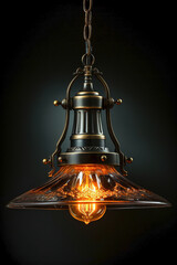 Black isolated cutout Vintage hanging light with a yellow light bulb inside of it