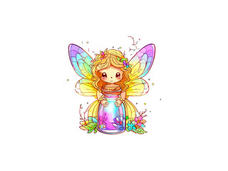 Watercolor Fairy Girl in Glass Bottle