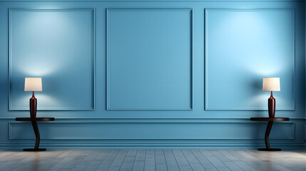 Universal minimalistic blue background for presentation. A light blue wall in the interior with beautiful built-in lighting and a smooth floor