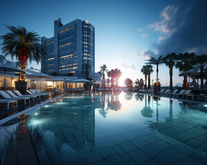 View of the hotel swimming pool at dusk