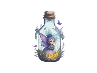 Watercolor Fairy Girl in Glass Bottle