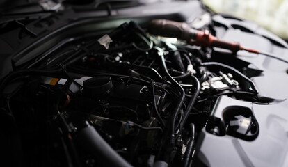 Obraz premium New car engine closeup. Powerful engine of modern car concept