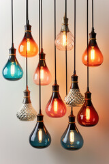 A bunch of isolated Vintage multi color light bulbs hanging from a ceiling.