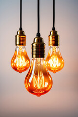 A bunch of white isolated Vintage light bulbs hanging from a ceiling.