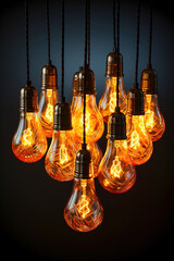 A bunch of black isolated Vintage light bulbs hanging from a ceiling.