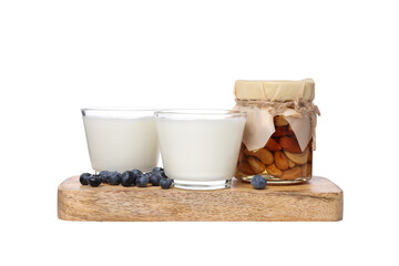 PNG,yogurt with fruit on a wooden board, isolated on white background