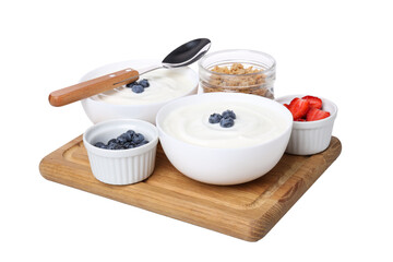 PNG,yogurt with fruit on a wooden board, isolated on white background