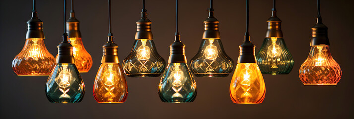 A bunch of isolated Vintage multi color light bulbs hanging from a ceiling. Panoramic image.