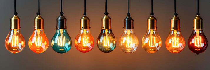 A bunch of isolated Vintage multi color light bulbs hanging from a ceiling. Panoramic image.