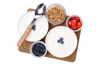 PNG,yogurt with fruit on a wooden board, isolated on white background