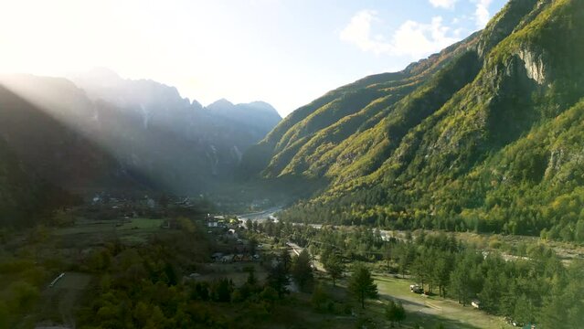 Aerial View of Theth Village and Adjacent Mountains in the Albanian Alps