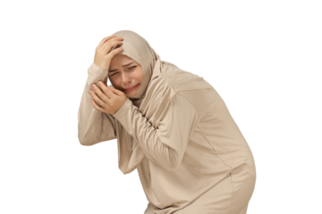 PNG,scared woman covers herself with hands, isolated on white background