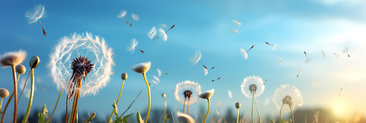 Meadow, blue sky and group of dandelions blowing in the wind