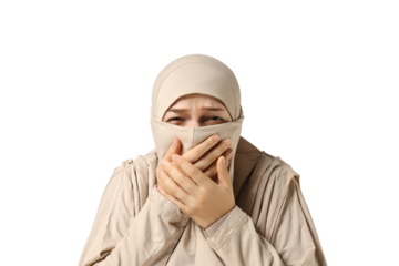 PNG,scared woman covers herself with hands, isolated on white background