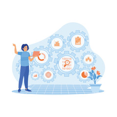 Company IT expert standing while holding the laptop. Features marketing icons connected to KPI financial charts and graphs. Business analysis concept. trend modern vector flat illustration