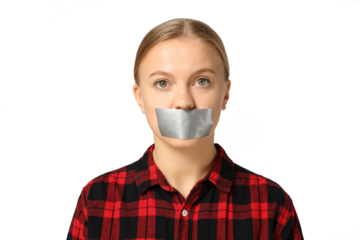 PNG,a woman with her mouth taped shut, isolated on white background