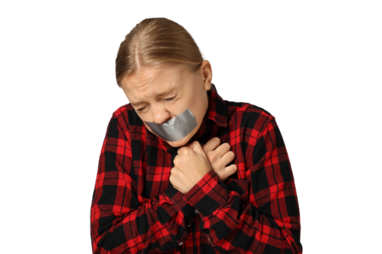 PNG,a woman with her mouth taped shut, isolated on white background