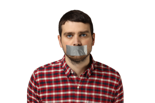 PNG,a man with a taped mouth, isolated on white background