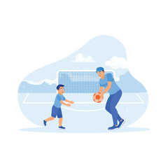 Young father and son playing football on the field. They look very happy when playing together. Children's concept. trend modern vector flat illustration