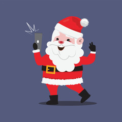 Cartoon illustration with cute Santa Claus taking a selfie with a cellphone. Cute Santa Claus character.
