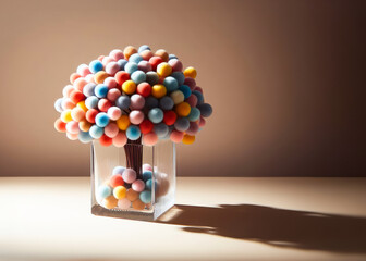 AI-Generated Art - Colorful Pompoms In A Square Glass Vase