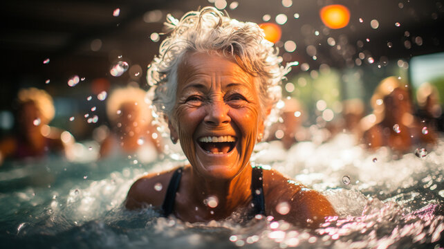 Happy Senior Woman Having Fun In Pool