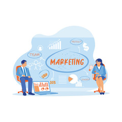 Two entrepreneurs discuss and give each other marketing ideas for a new business. Marketing concept display on the laptop screen. Marketing concept. trend modern vector flat illustration