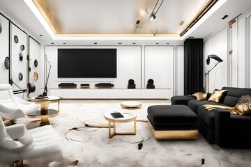 A minimalist white, black, and gold-themed home cinema with state-of-the-art audiovisual equipment and abstract wall decor.