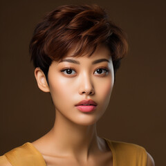 a close headshot of a foreign, US, mixed Japanese female, 25 years old, foreign factors, short hair