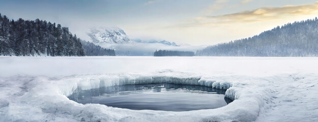 An ice hole for hardening with cold water in a frozen icy lake in the middle of a mountain snowy forest in winter. - obrazy, fototapety, plakaty