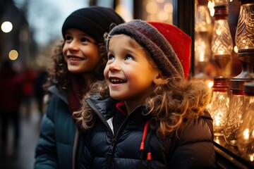 Small happy children stand on the street near a festive shop window decorated with New Year's garlands, Christmas holidays market with bokeh lights