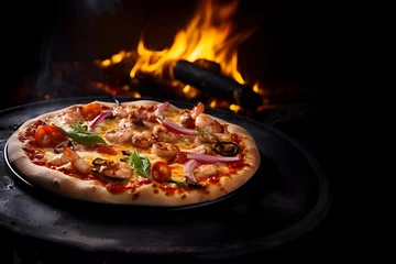 Foto op Plexiglas Wood fired oven seafood Pizza with shrimps, shellfish, squid, tomato and herbs served on a black plate on black background with copy space, Delicious Italian food cusine © rabbizz77